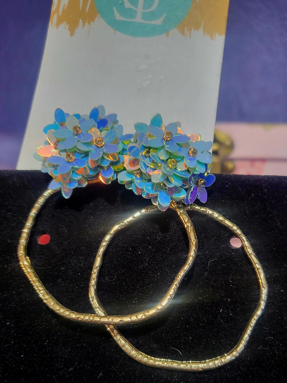 Josephines Blue Sequin Floral Bouquet Hoop Earrings | Iridescent 3D Flower Drops